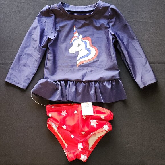 Cat &Jack Girls Red White & Blue Unicorn Swimsuit 18 Months Long Sleeve 2 Pc NWT - Picture 1 of 7